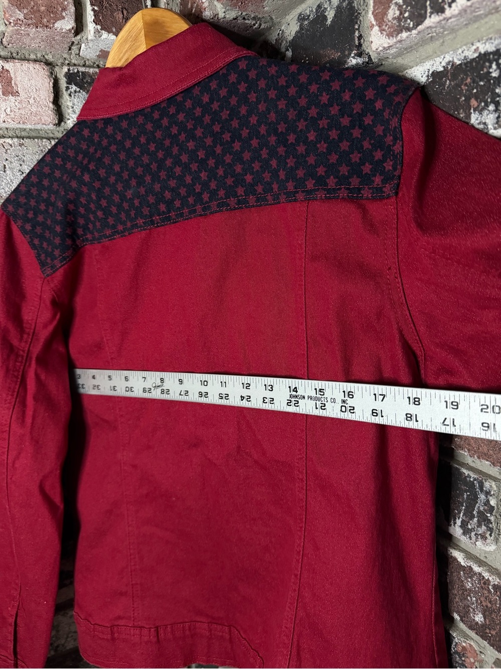 DG2 Red Denim Jean Collared USA Flag Stars and Stipes Button Up Jacket - Picture 7 of 7